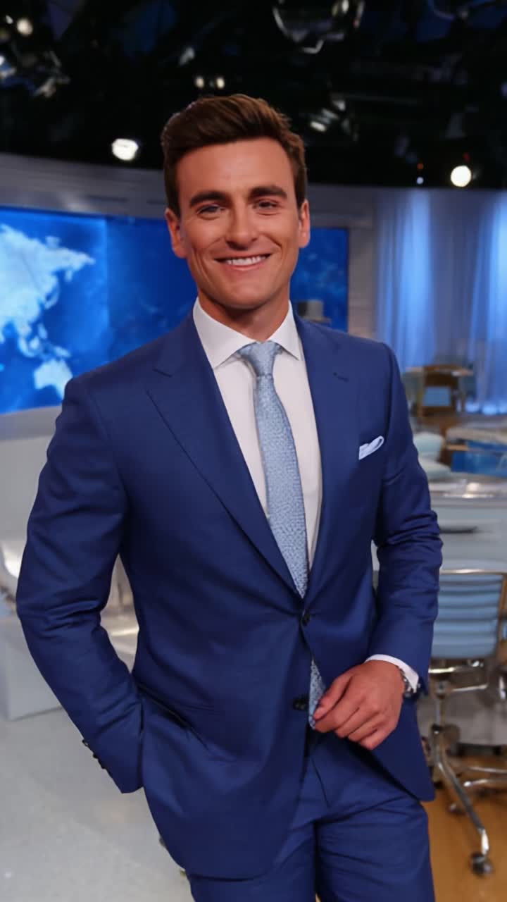 Presentatore sorridente e sicuro di sé in un elegante abito blu su uno sfondo moderno da studio di notizie con illuminazione brillante e ambiente professionale