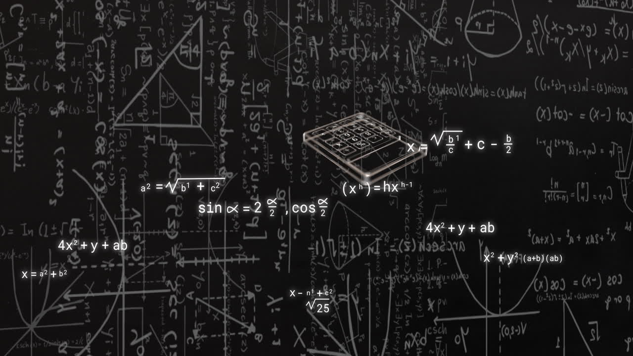 Animation of school icons over mathematical equations on black background
