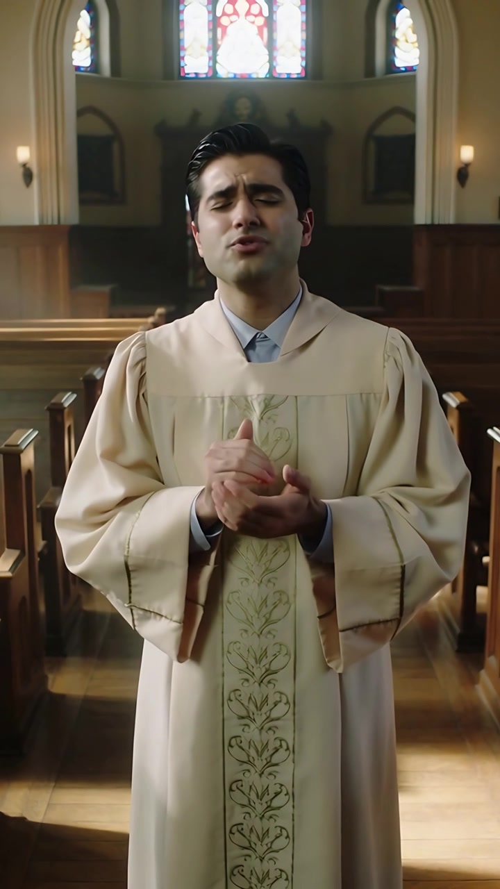 Video verticale: Clero che canta iniziando una nota e gesticolando lungo la navata della chiesa da solo in una veste color crema.