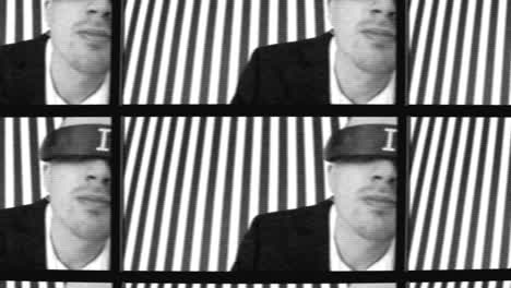 man in suit with eyes covered, repeated image