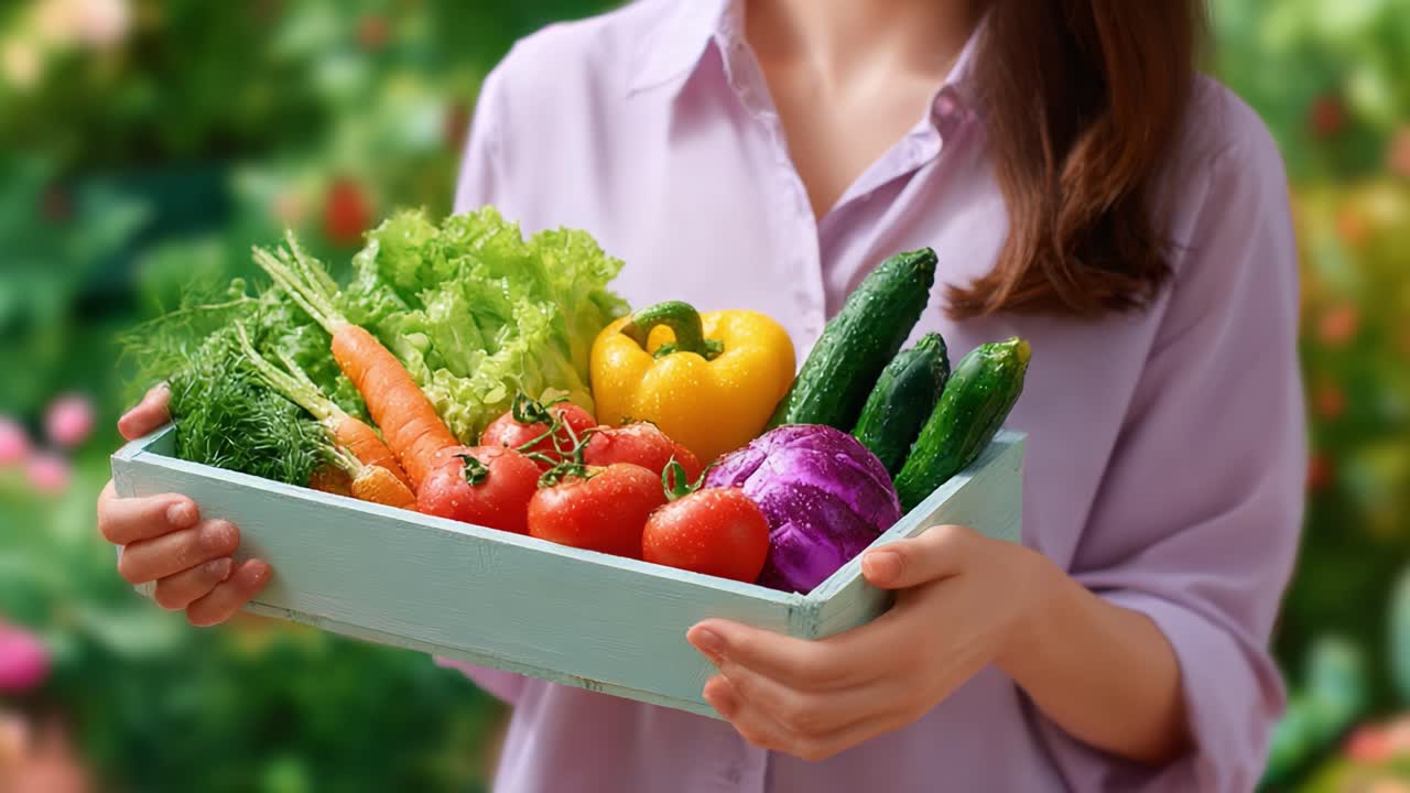 A Bountiful Harvest of Fresh Vegetables: A Woman Joyfully Holding a Vibrant Selection of Colorful Produce, Symbolizing Health, Nutrition, and Farm-Fresh Living