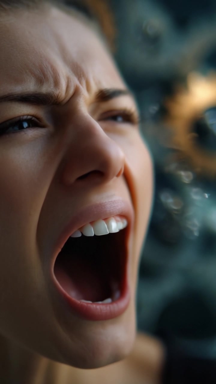 Captura de emoção intensa: A expressão angustiada de angústia e dor de uma mulher, ilustrada através de traços faciais poderosos e elementos de fundo dinâmicos.