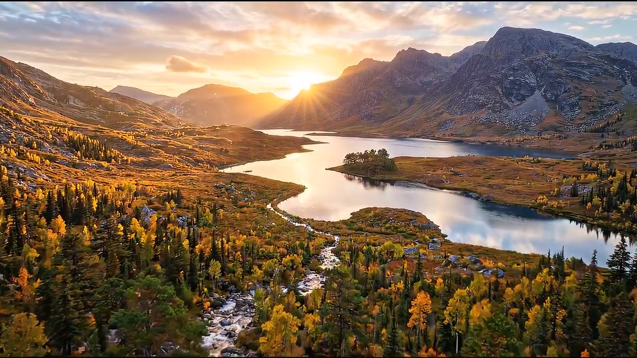 Malerischer Bergsee mit fließendem Fluss und Bäumen während der goldenen Stunde mit Spiegelungen auf dem Wasser