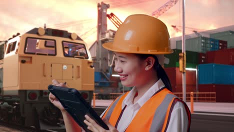 close up side view of asian female engineer with safety helmet taking note on the tablet and looking around with freight cargo train at port