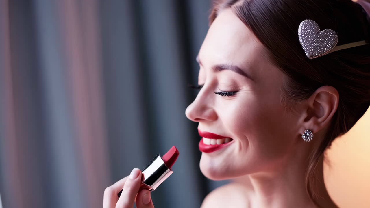 mujer aplicar lápiz labial rojo