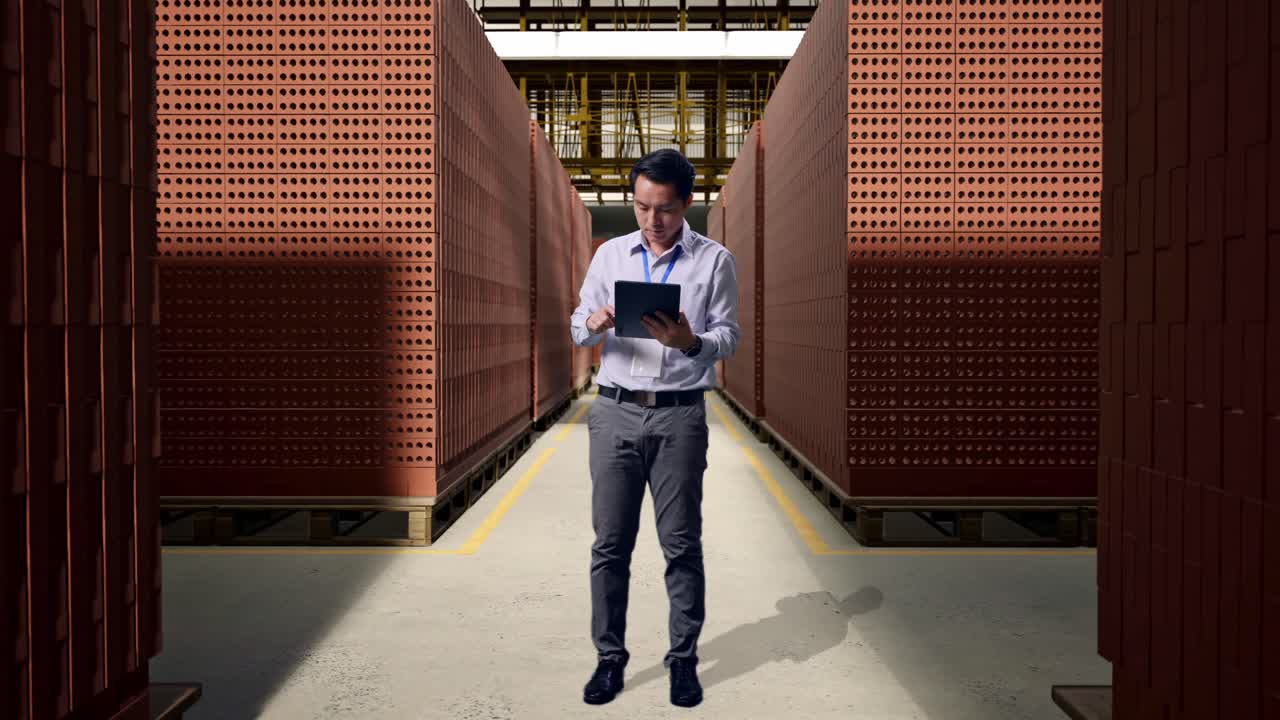 Full Body Side View Of An Asian Male Professional Worker Standing With His Tablet With Red Brick Packed in Stacks Are Stored, Typing On His Tablet'S Keybaord With Meditation