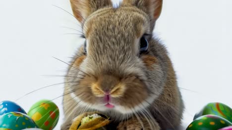 un conejo sentado junto a una pila de huevos de pascua coloridos