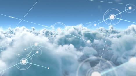 animation of network of connections with icons over clouds