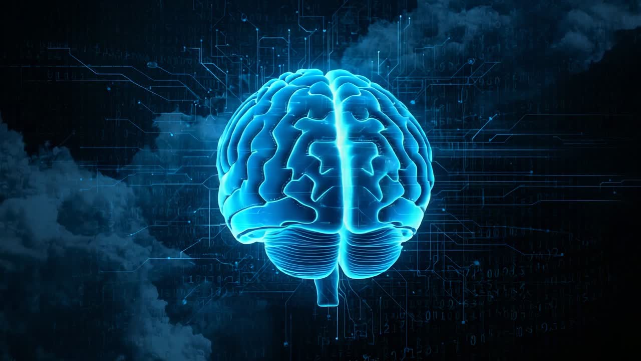 Rotating neon blue 3D brain model upon playback highlighting symmetry against clouds with circuits