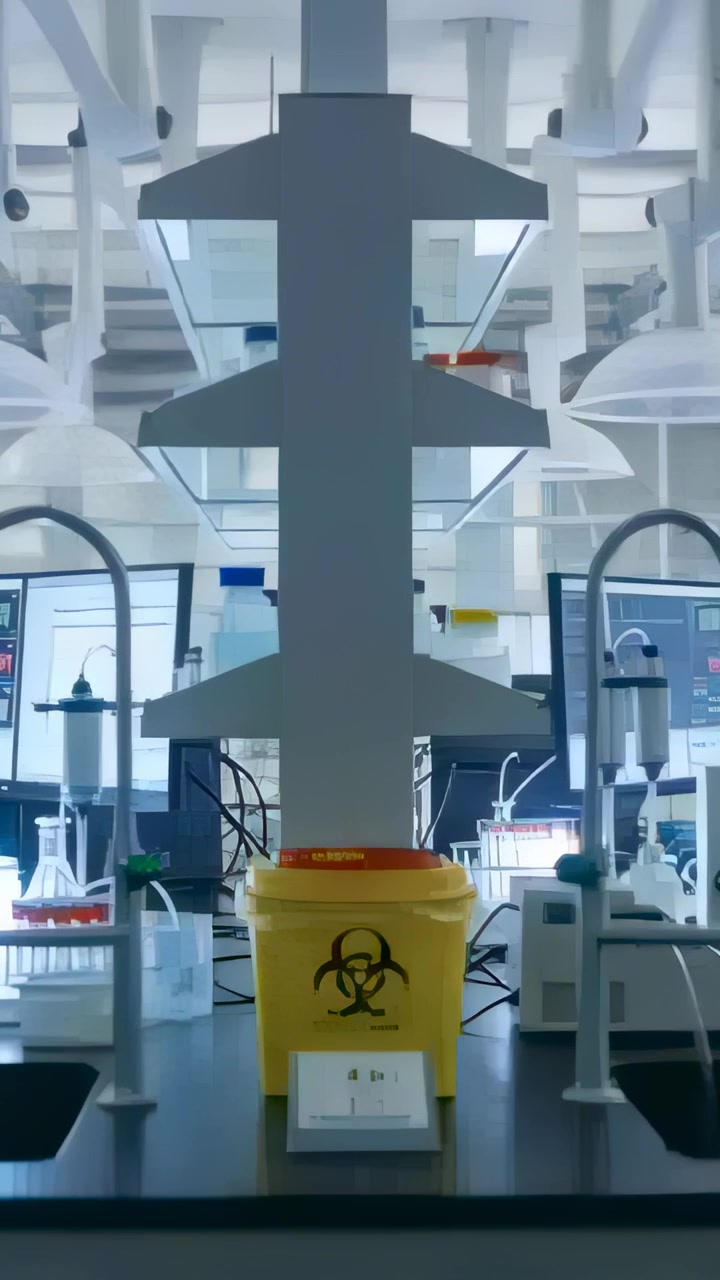 Vertical video: After pause camera moving forward, shaking while framing yellow sharps in lab