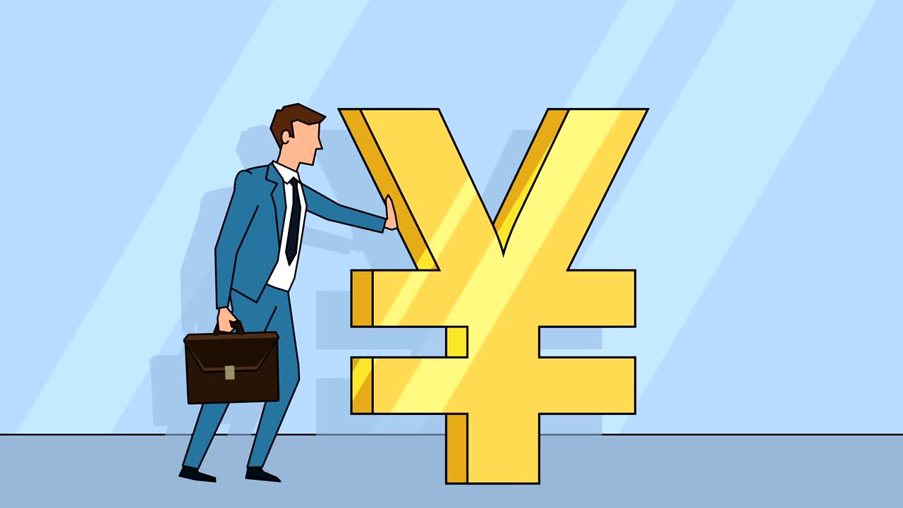 케이스 가방을 가진 평평한 만화 사업가 캐릭터는 엔 기호 돈을 밀어 알파 매트 개념 애니메이션