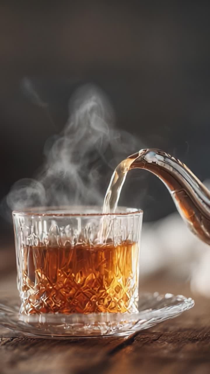 Una bevanda perfetta: ammira l'arte di preparare il tè caldo in una tazza di vetro classica mentre il vapore sale, creando un aroma invitante e un piacere visivo
