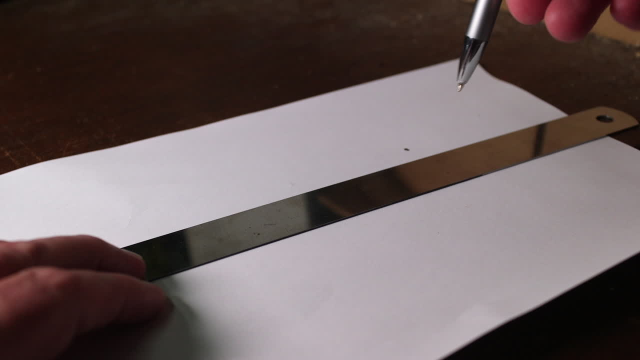 종이와 금속 자 위에 두 개의 직선을 긋는 것