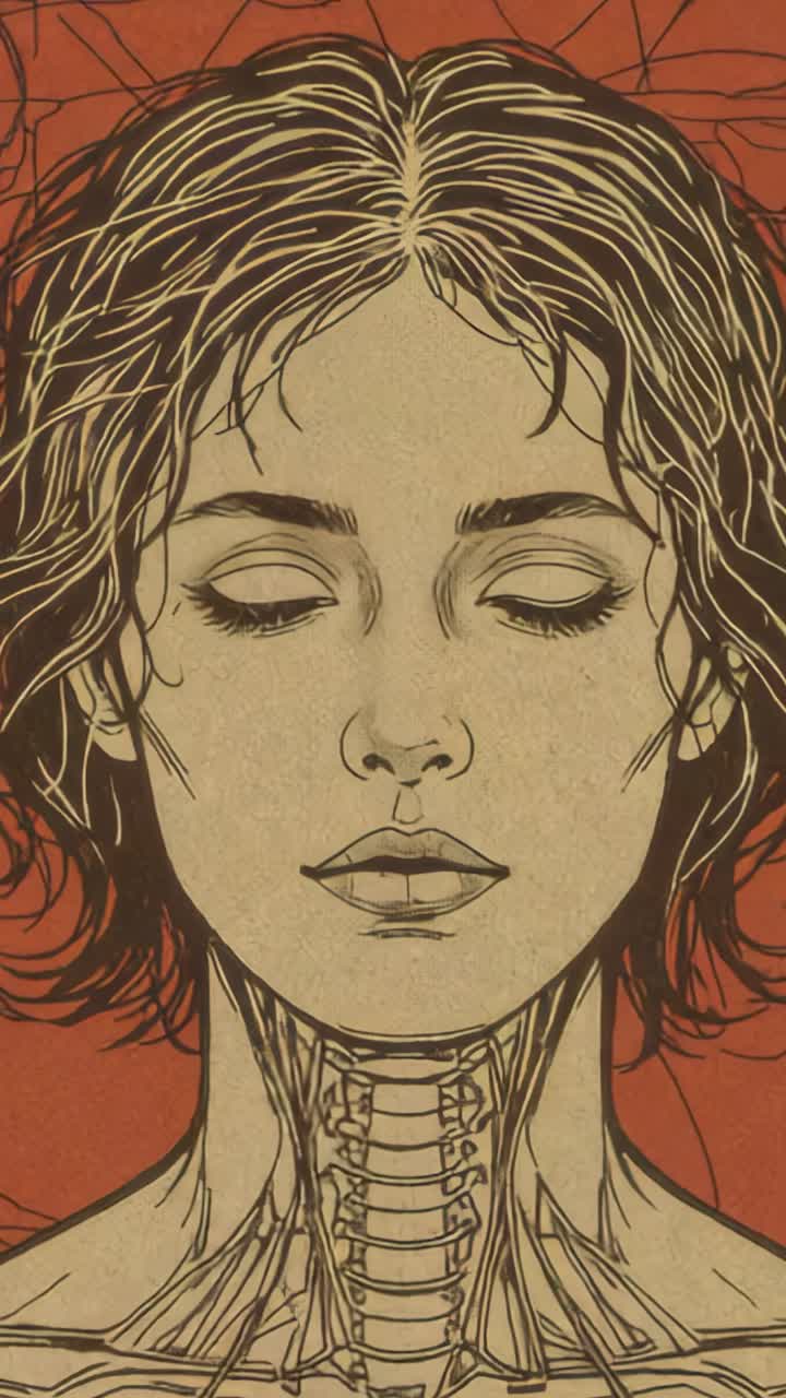 Vertical video: Displaying anatomical portrait revealing neck vertebrae and muscles on red backdrop