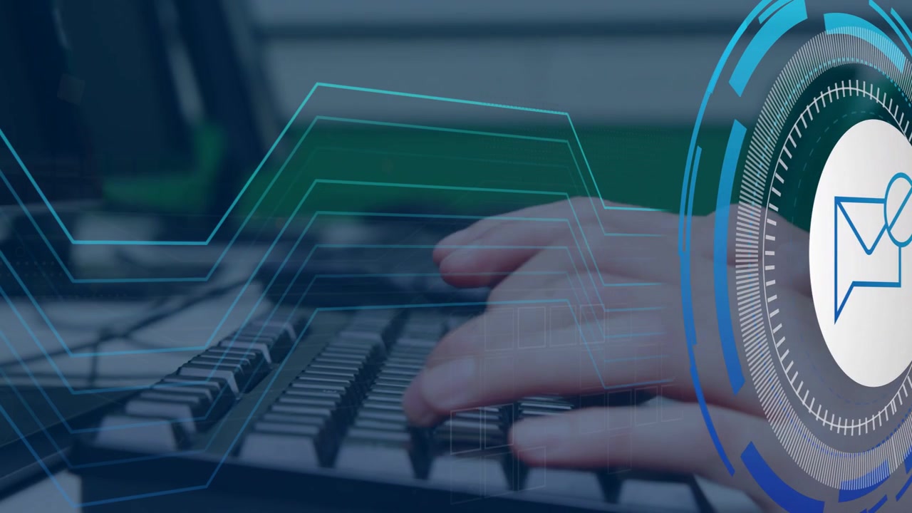 Notification appearing, hands typing on keyboard, teal lines flowing, HUD pulsing, sending reply