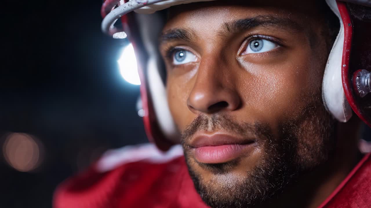 Captured Moments: A Focused Athlete in Football Gear, Showcasing Determination and Spirit Under the Bright Lights of the Stadium's Night Atmosphere