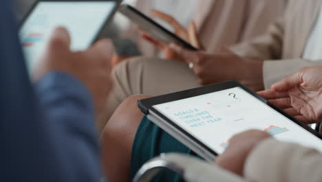 diverse business people using digital tablet computers browsing financial graph information on screen colleagues brainstorming ideas in office meeting