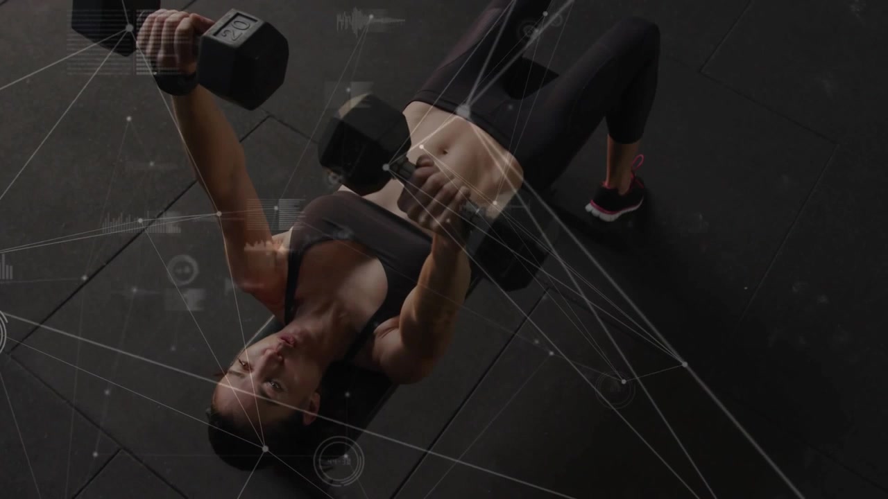 Woman initiating dumbbell chest press from supine, performing reps for fitness, HUD tracking power
