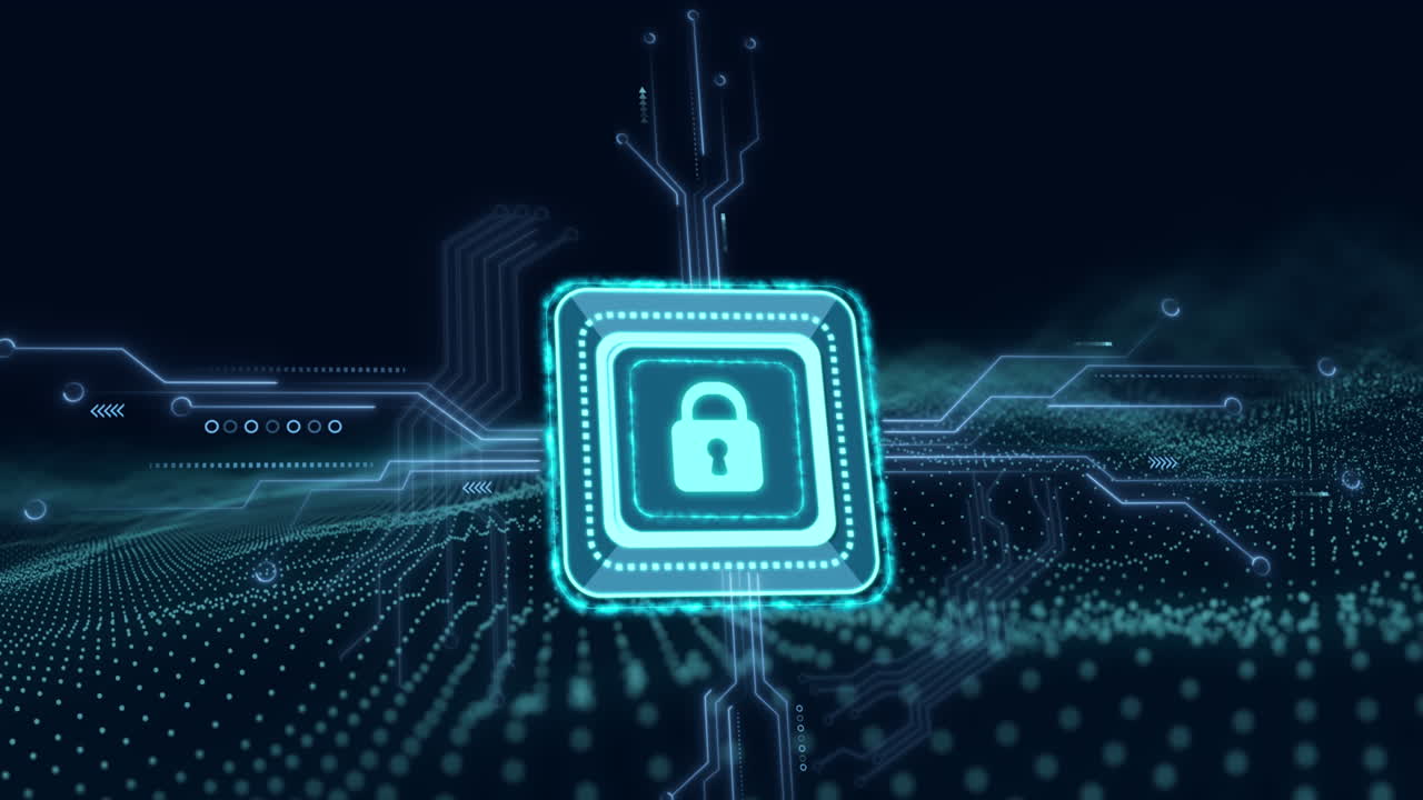 Animation of online security padlock over mesh and computer circuit board