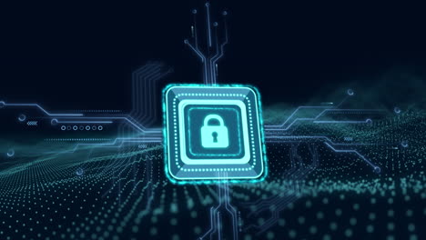 animation of online security padlock over mesh and computer circuit board