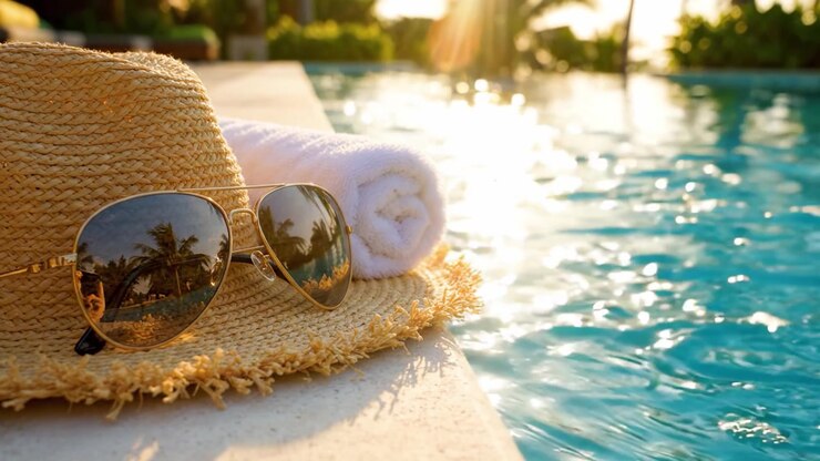 A Relaxing Oasis: Evoking Serenity with Sunlit Reflections, a Straw Hat, Sunglasses, and Poolside Comfort Amidst Lush Tropical Surroundings