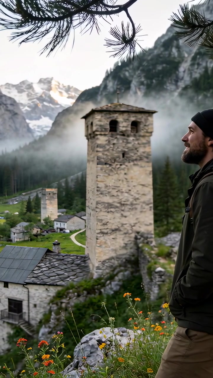 Vertikales Video: Wanderer erreicht Felsvorsprung, pausiert, betrachtet Turm und Häuser, mit Rucksack, Freiraum für Text.