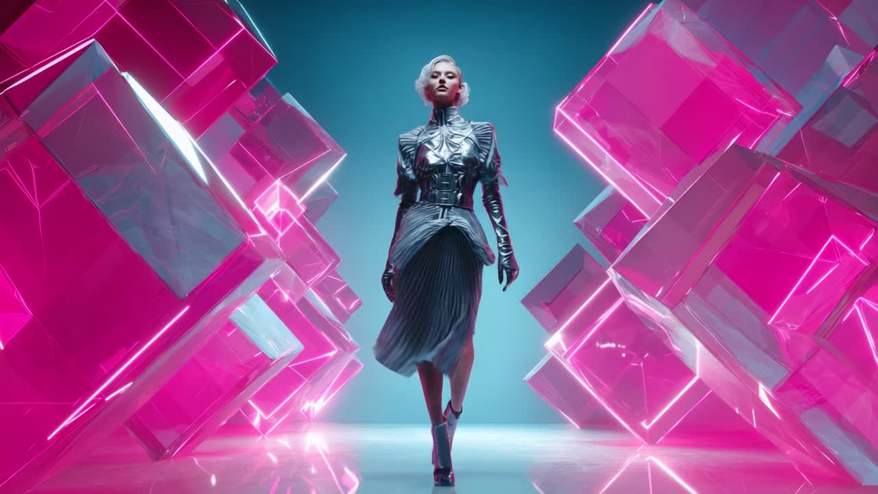 A Futuristic Fashion Statement: A Model in a Stylish Silver Ensemble Walks Confidently Through a Dazzling World of Glimmering Pink Cubes, Showcasing a Blend of Modern Art and High Fashion Aesthetic