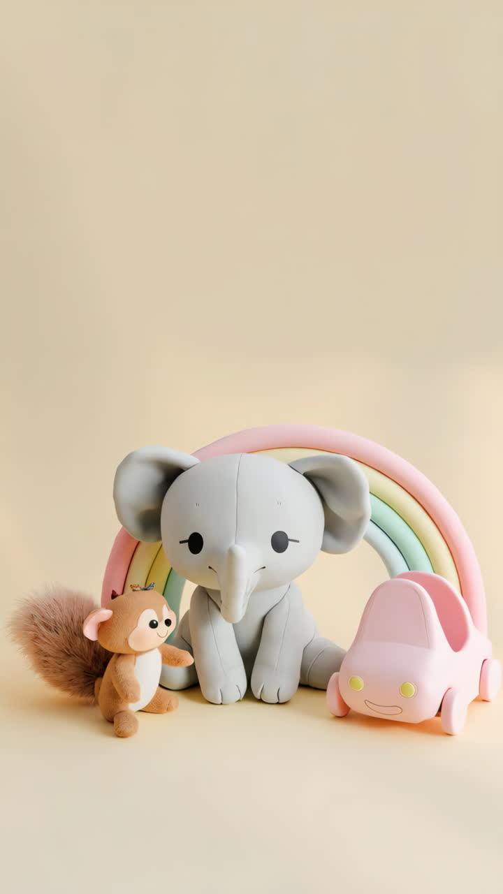 Collection of Cute Elephant, Squirrel, and Car Toys with Pastel Rainbow
