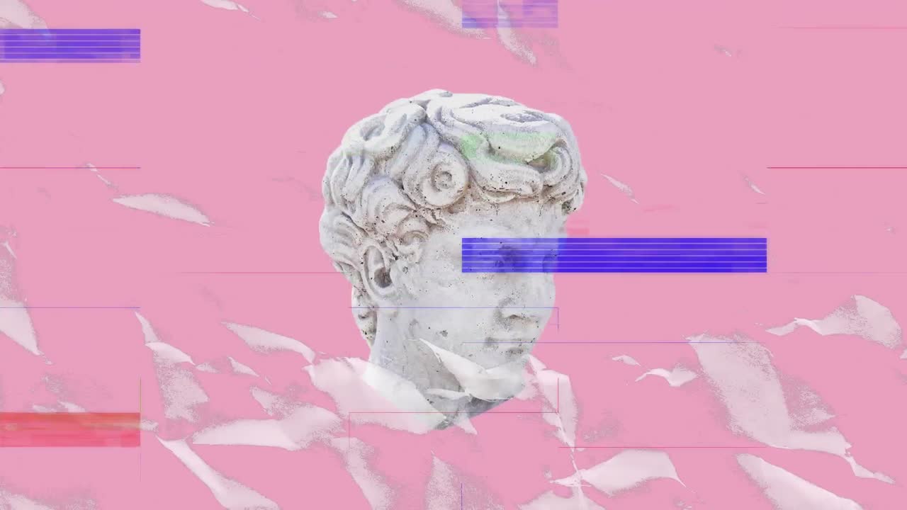 핑크색 배경에 글리치가 있는 고대 머리 조각의 애니메이션