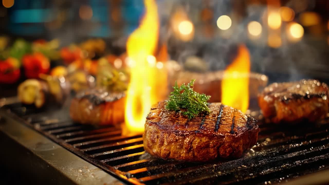 Bistecche Grigliate Sfrigolanti su Fiamma Viva: Un'Esperienza Culinaria Tentatrice che Esalta Carne Succulenta e Contorni Saporiti per il Banchetto Barbecue Perfetto.