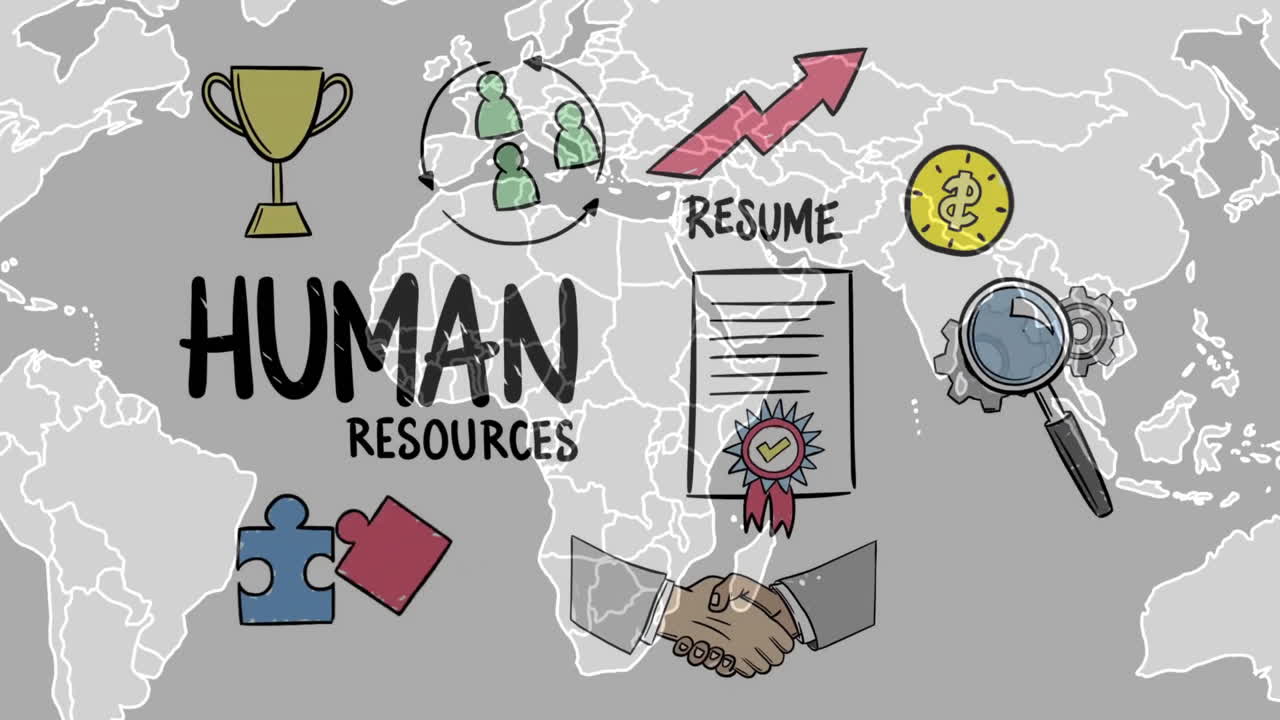 Animation of human resources with icons over world map on grey background