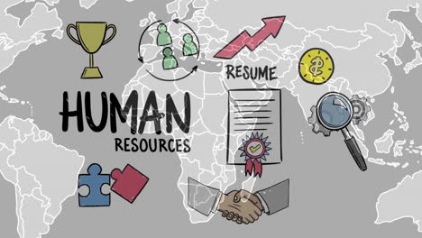 animation of human resources with icons over world map on grey background