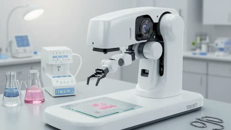 innovative robotic microscope with precision gripper in a laboratory setting, showcasing advanced automation technology for scientific research and analysis