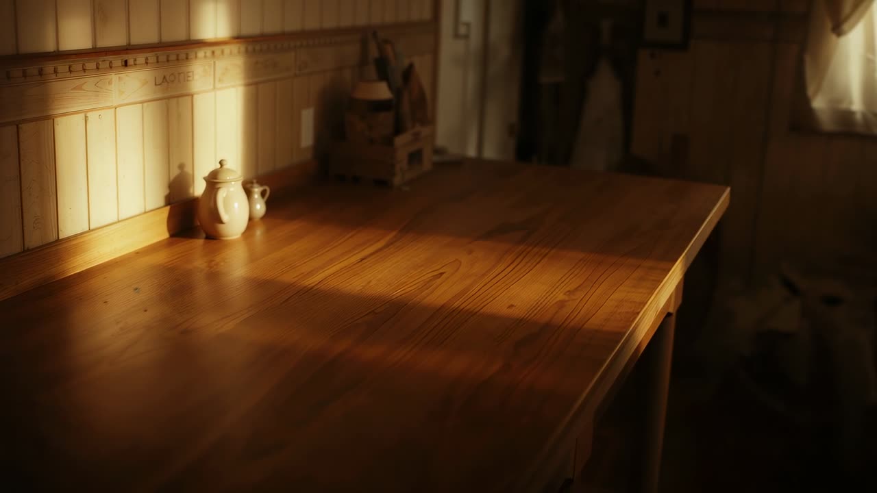 Luce dalla finestra con tende che scorre su un tavolo di legno, mostrando il tempo che passa con una teiera e una lattiera.