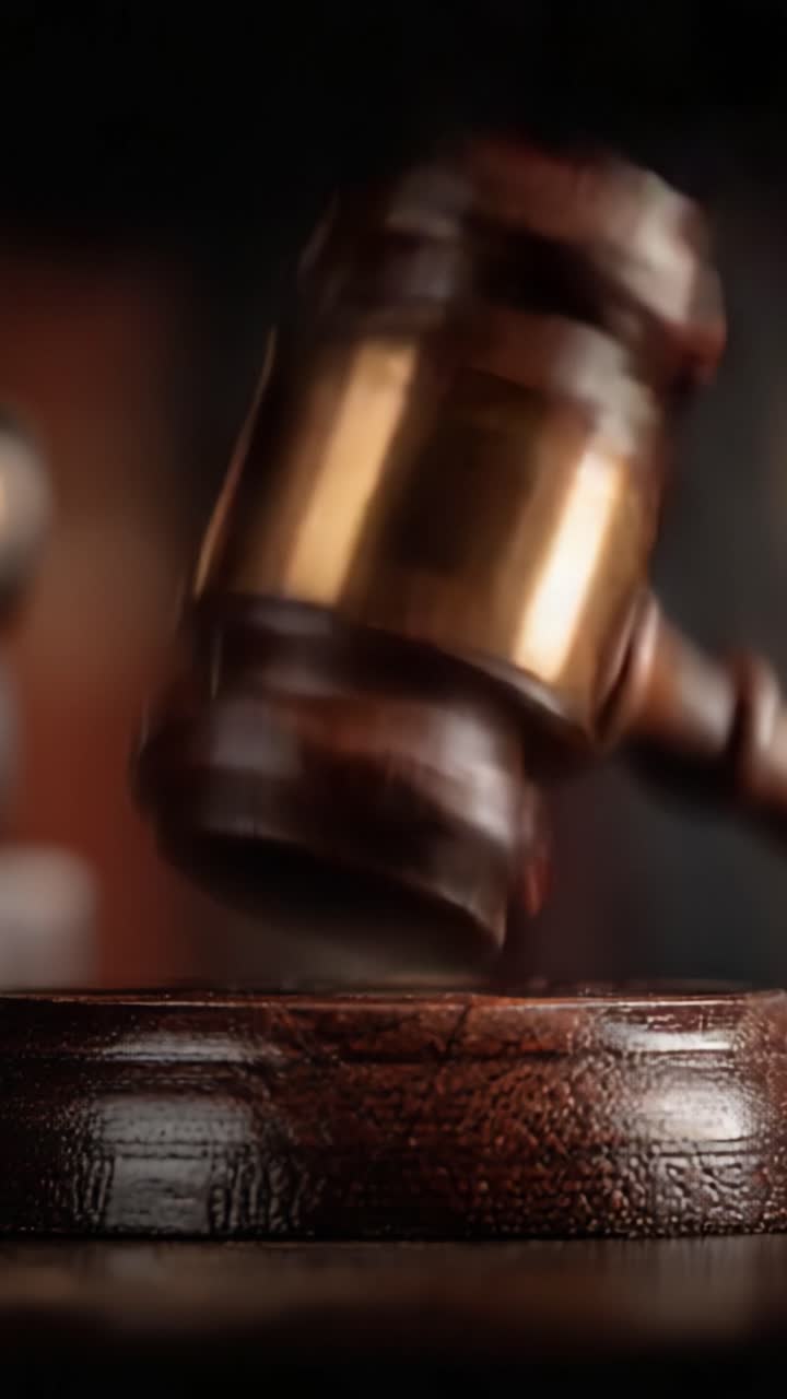 Uno sguardo approfondito sul sistema giudiziario: Il martelletto, simbolo di autorità e processo decisionale nei procedimenti legali, catturato in due fotogrammi.