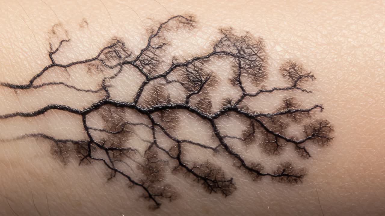 A Stunning Close-Up of an Intricate Tree-Like Tattoo on an Inner Arm, Highlighting the Unique Details and Artistic Design Between Two Framed Shots