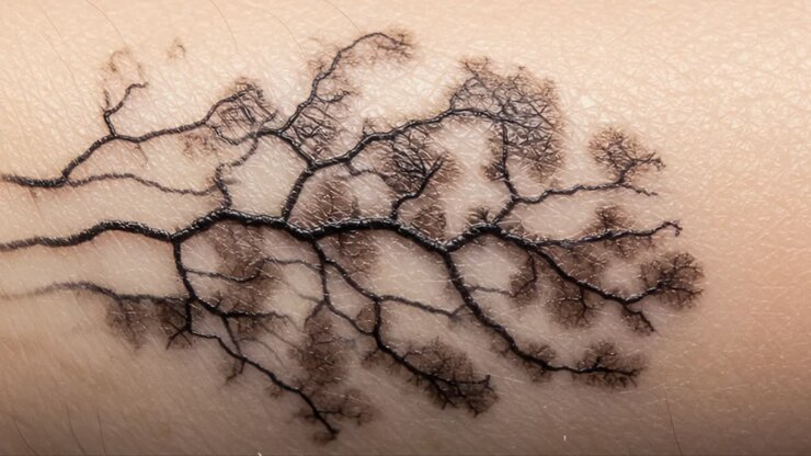 A Stunning Close-Up of an Intricate Tree-Like Tattoo on an Inner Arm, Highlighting the Unique Details and Artistic Design Between Two Framed Shots