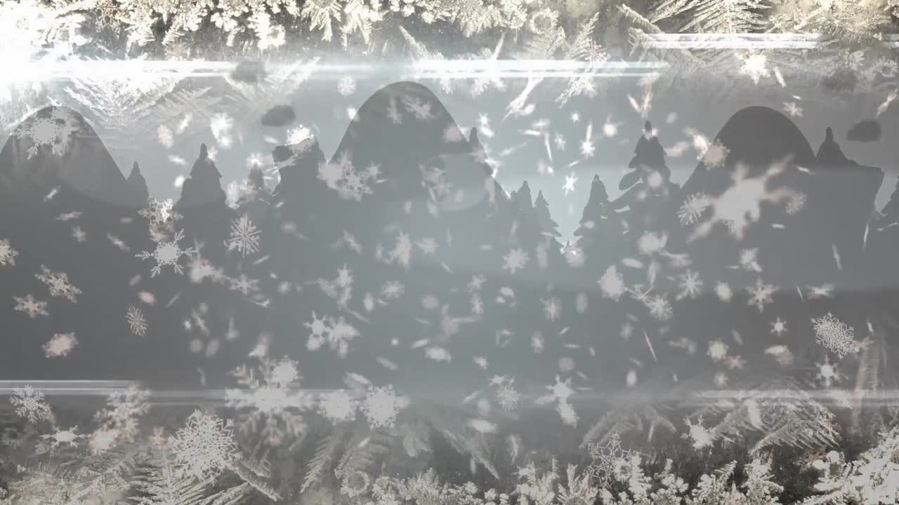 animación de la nieve de navidad cayendo sobre las decoraciones de navidad sobre un fondo gris