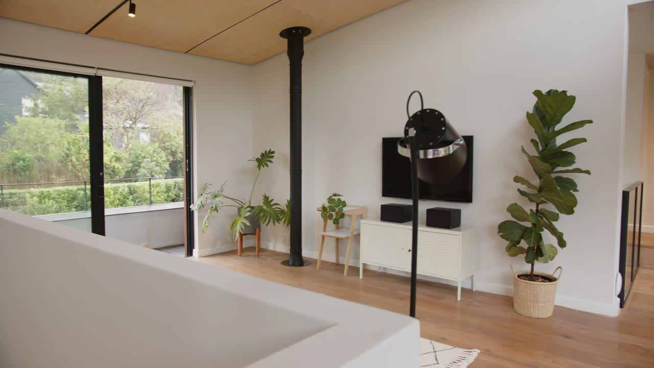 Creating cozy ambiance, modern living room with indoor plants, TV, and stylish furniture, copy space