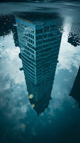reflection of a skyscraper in a puddle