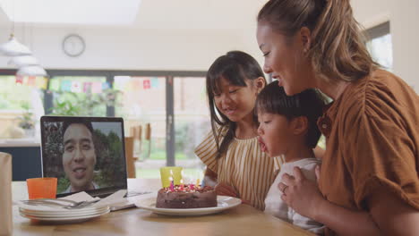 asian family celebrating birthday at home with father working away via video call