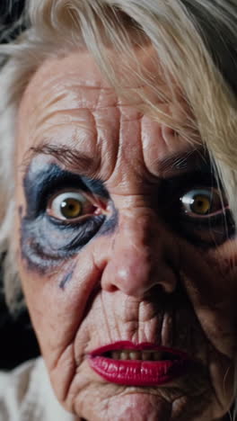 close-up of an elderly woman with dramatic makeup