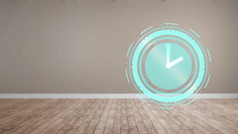 Animation-of-clock-moving-fast-with-copy-space-on-beige-and-wooden-background