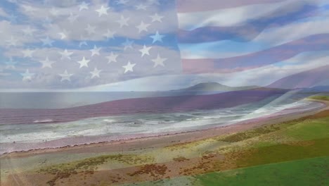 Animación-De-La-Bandera-De-Estados-Unidos-Ondeando-Sobre-El-Paisaje-Marino.