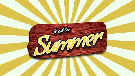 hola verano en madera con rayos de sol amarillos