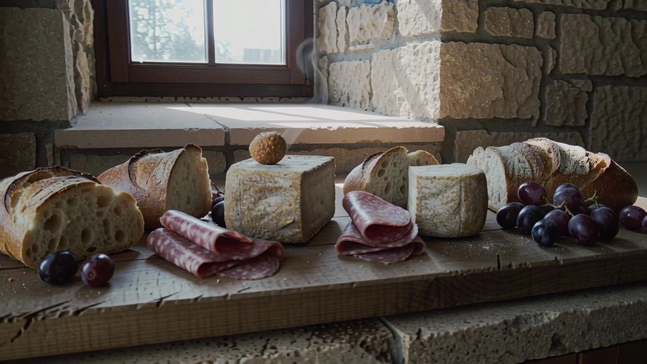Ripresa a ritroso che svela un vassoio con una selezione di formaggi e pane su legno, illuminati da un raggio di sole vicino alla finestra