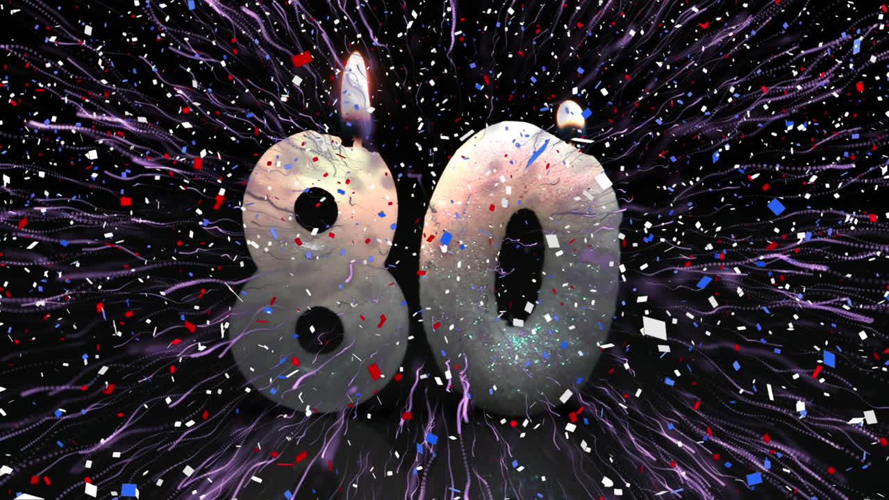 다채로운 콘페티가 떨어지고 보라색 디지털 파동이 폭발하여 80 개 이상의 번호가 불타는  ⁇ 불이