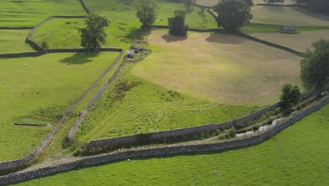 Imágenes-De-Drones-Que-Se-Mueven-Lentamente-Hacia-Los-Lados-Y-Se-Centran-En-El-Acceso-A-Un-Campo-De-Agricultores-Rodeado-De-Muros-De-Piedra-Seca-En-Una-Pista-Rural