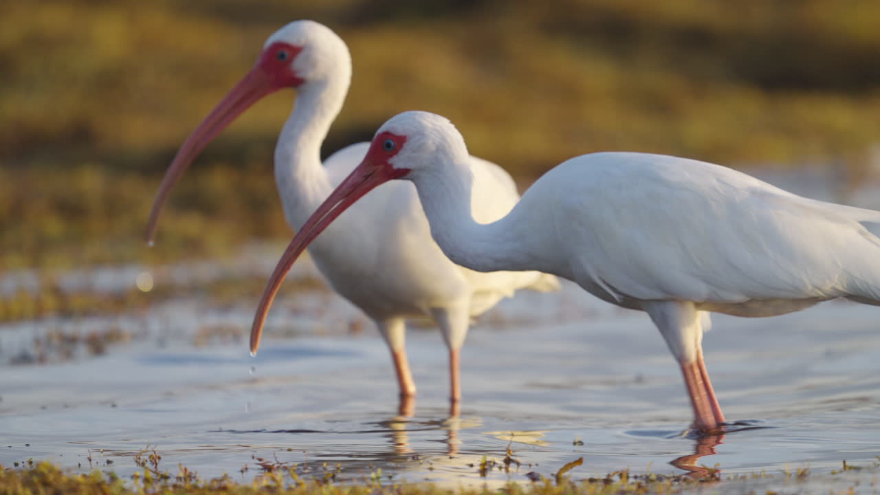 White Ibis Walking in Water and Feeding with Flock