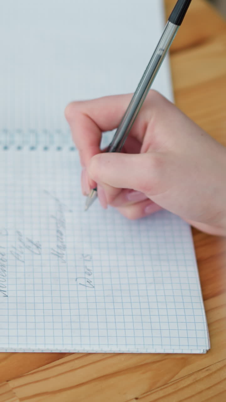 primer plano de escritura a mano con pluma negra en un cuaderno en una mesa de madera, la cubierta del bolígrafo se encuentra cerca, y una taza de café es parcialmente visible, creando un espacio de trabajo acogedor para tomar notas y escribir en un diario